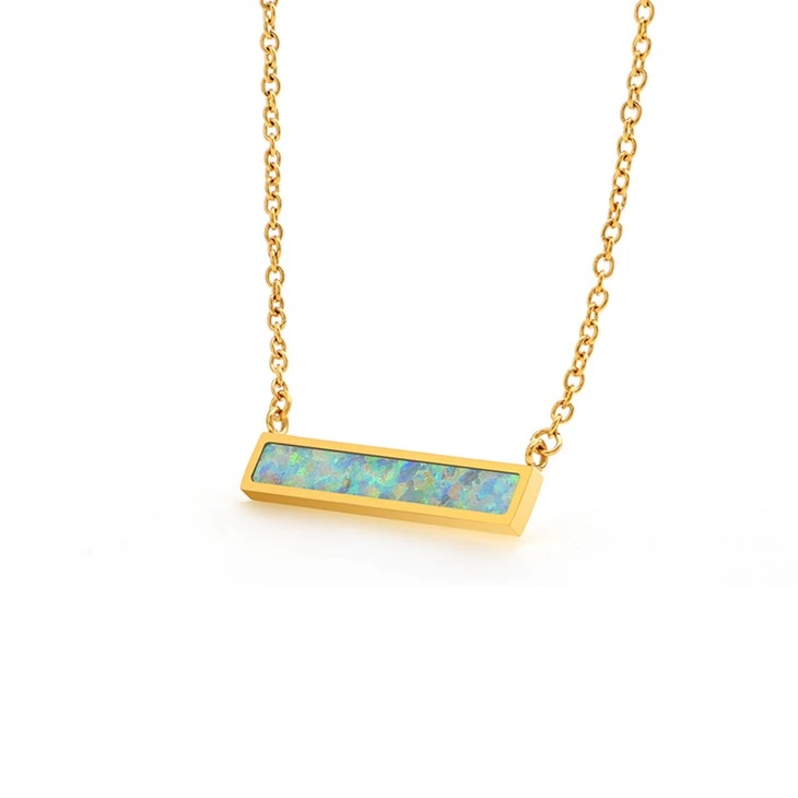 Stainless Steel Rectangular Opal Bar Pendant Necklace